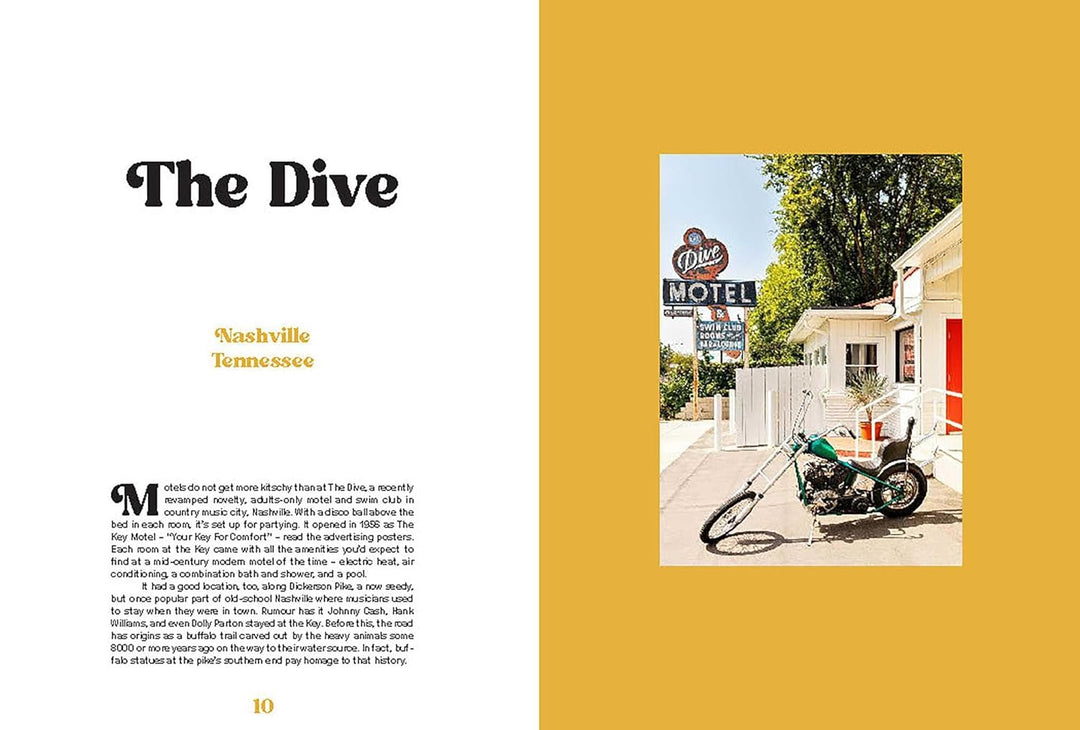 Page from a book or magazine featuring 'The Dive' motel in Nashville, Tennessee with text and a photo of a motorcycle.
