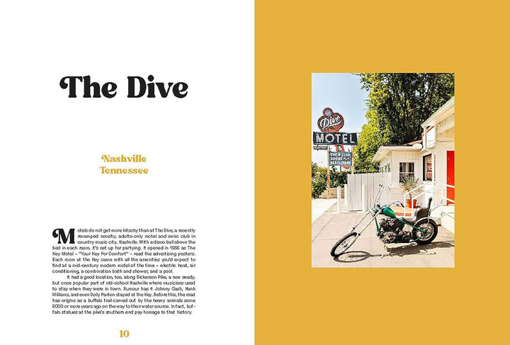 Page from a book or magazine featuring 'The Dive' motel in Nashville, Tennessee with text and a photo of a motorcycle.