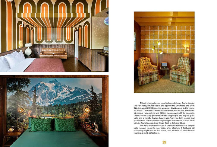 Collage of four different hotel rooms with retro decor.