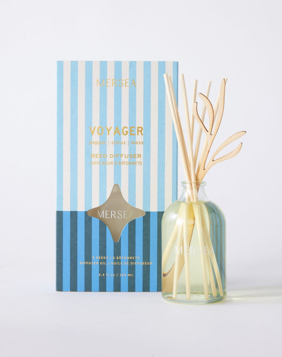 Mersea Voyager diffuser with striped packaging on a white background