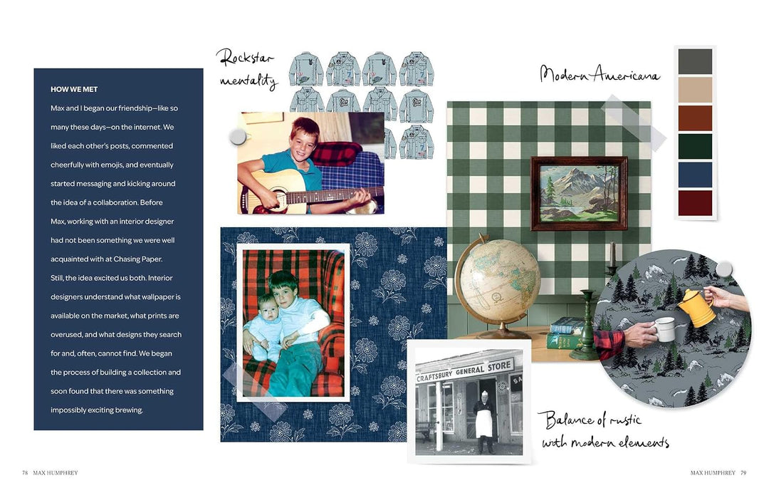 A styled interior design collage page showing multiple fabric and decor samples, including patterned textiles, wallpaper, a framed landscape print, a globe, and small lifestyle photos, with text headings such as 'How We Met,' 'Rockstar mentality,' 'Modern Americana,' and 'Balance of rustic with modern elements.'.