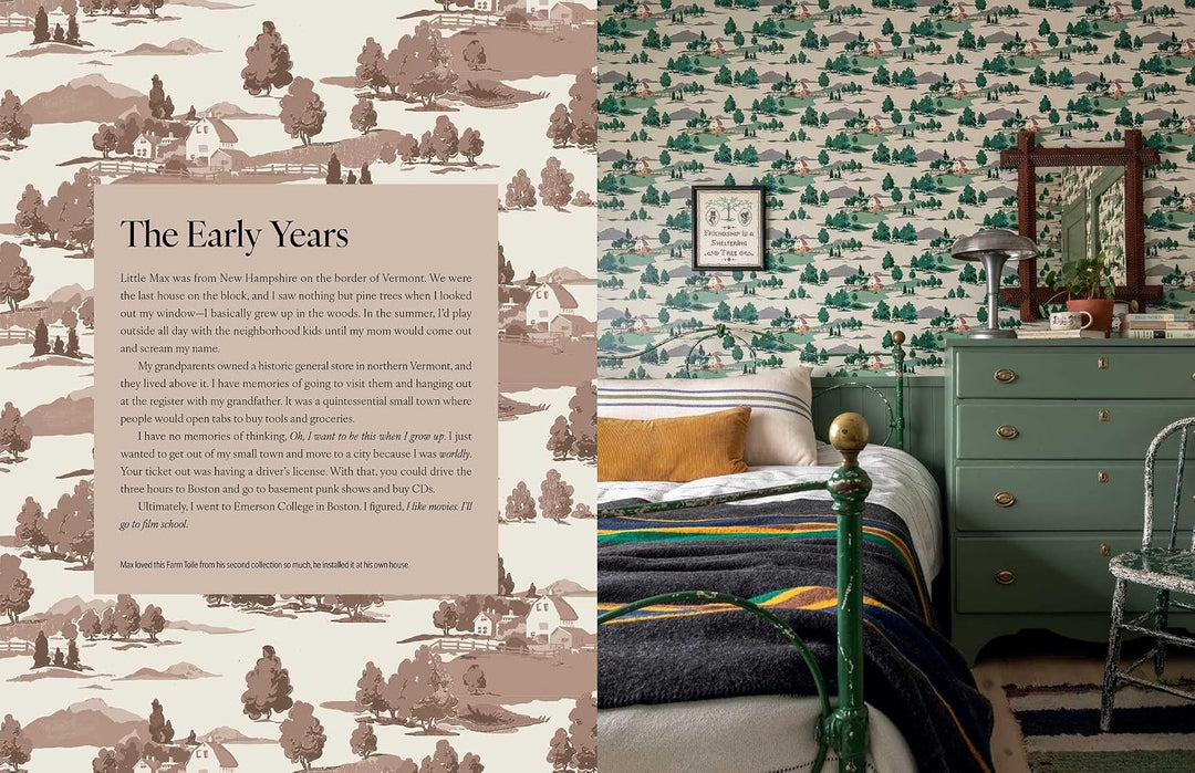A split-page interior design layout showing a bedroom scene on the right and a printed paper sample on the left. The room features green and white patterned wallpaper, a green dresser, a bed with striped bedding, and a mirror.