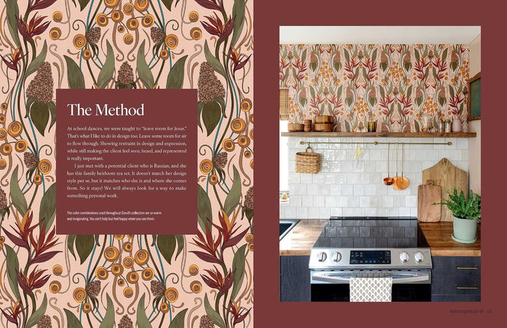 A split-page design layout featuring a botanical patterned wallpaper sample on the left with the text 'The Method,' and a styled kitchen interior on the right showing the wallpaper in use above a stove and cabinets.
