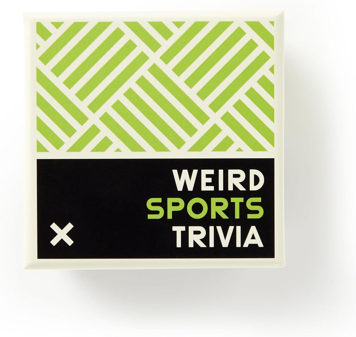 A square product box for 'Weird Sports Trivia' featuring a green and white geometric pattern on the top half and a black block on the bottom half with the title in white and green text.