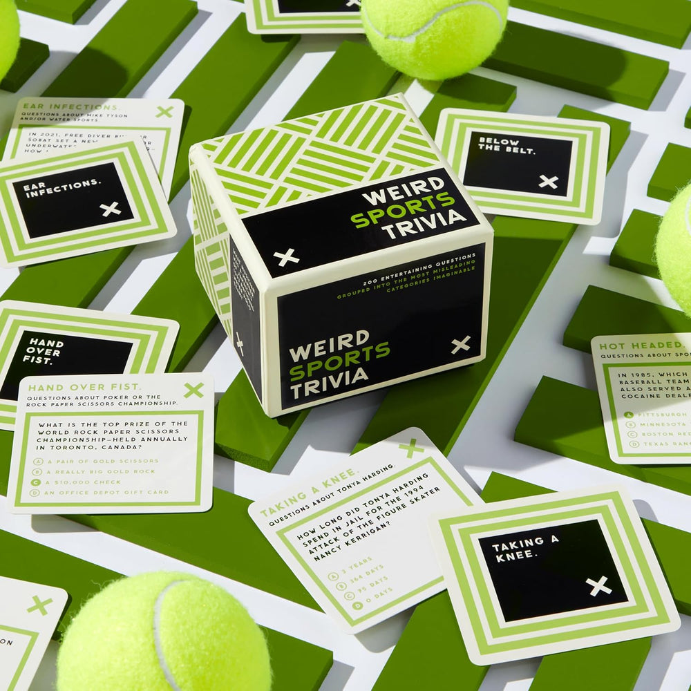 Box of 'Weird Sports Trivia' game cards with tennis balls on a green and white patterned background.