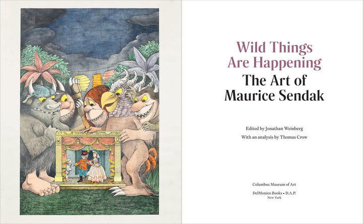 Book cover of 'Wild Things Are Happening: The Art of Maurice Sendak' with illustrations and text.