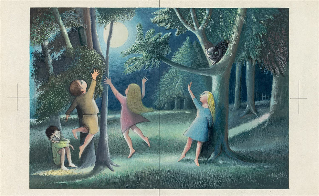 Children playing in a forest at night with a full moon.