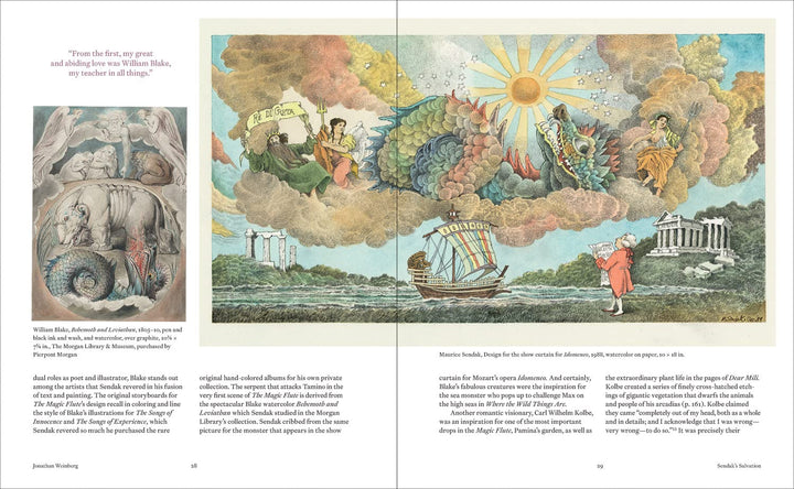 Illustrated book page with a colorful scene of people on clouds, a ship, and classical architecture.