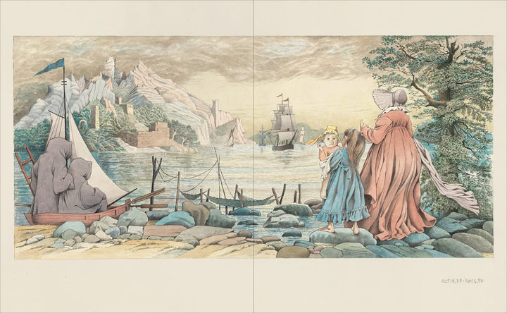 Illustration of a woman and child by a body of water with mountains in the background