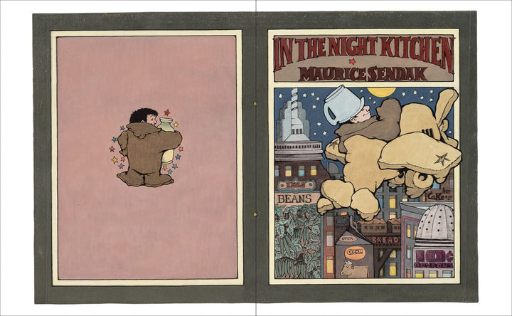 Illustrated book open to two pages with a bear character and a cityscape at night.