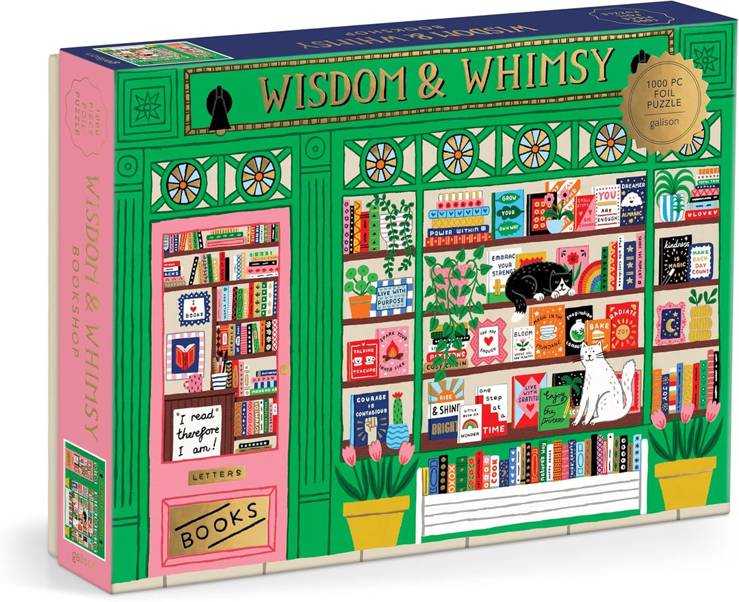 Jigsaw puzzle box with 'Wisdom & Whimsy' design featuring books and animals.