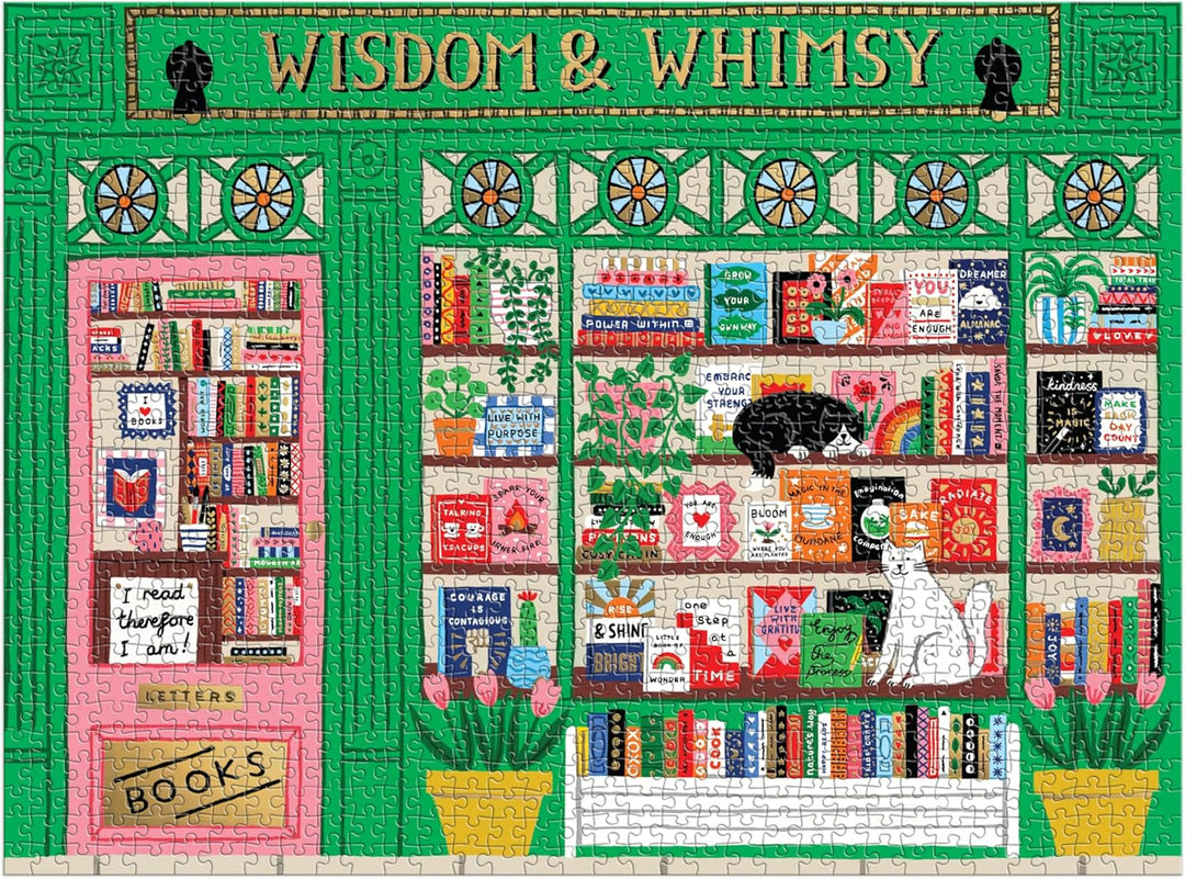 Decorative bookshelf with books and a cat, featuring 'Wisdom & Whimsy' at the top.