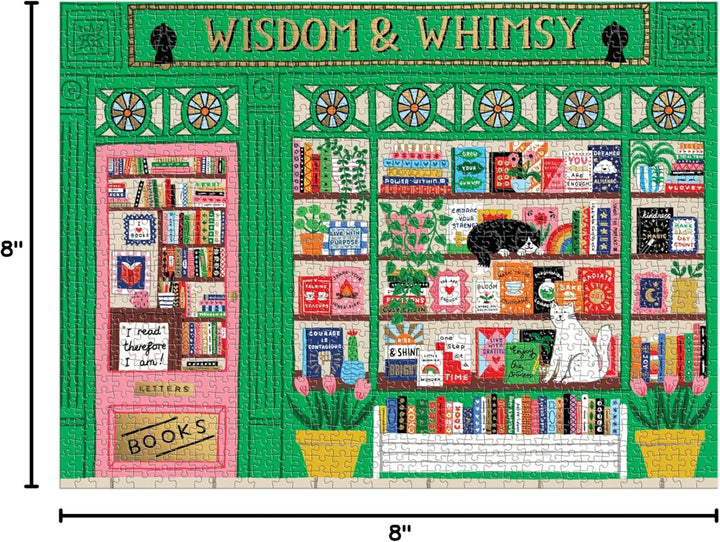 A square jigsaw puzzle featuring a whimsical bookshop scene with the sign 'WISDOM & WHIMSY'. The design shows shelves filled with colorful books, potted plants, a black cat and a white cat, and decorative patterns.