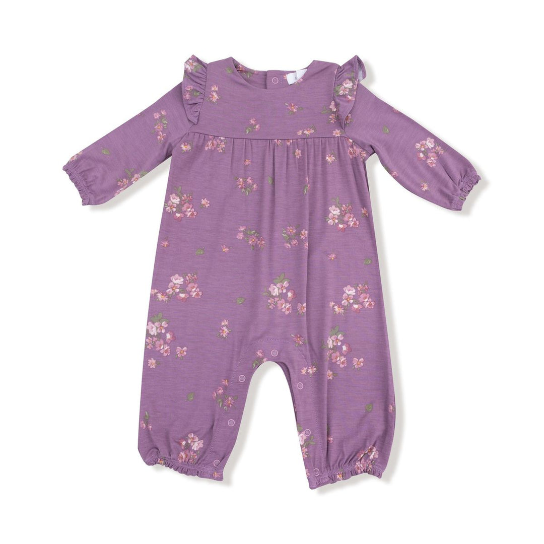 Purple baby romper with floral pattern on a white background