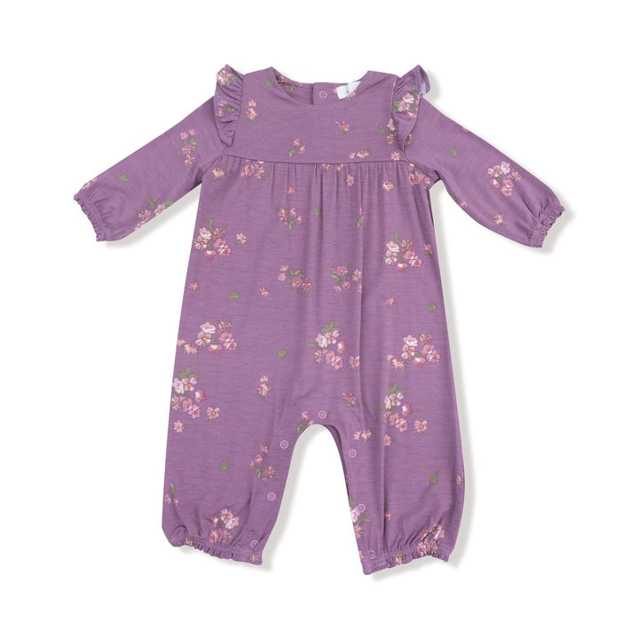 Purple baby romper with floral pattern on a white background