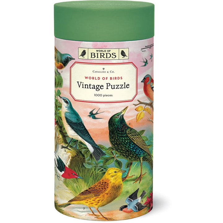  cylindrical puzzle box with bird illustrations and 'World of Birds' branding
