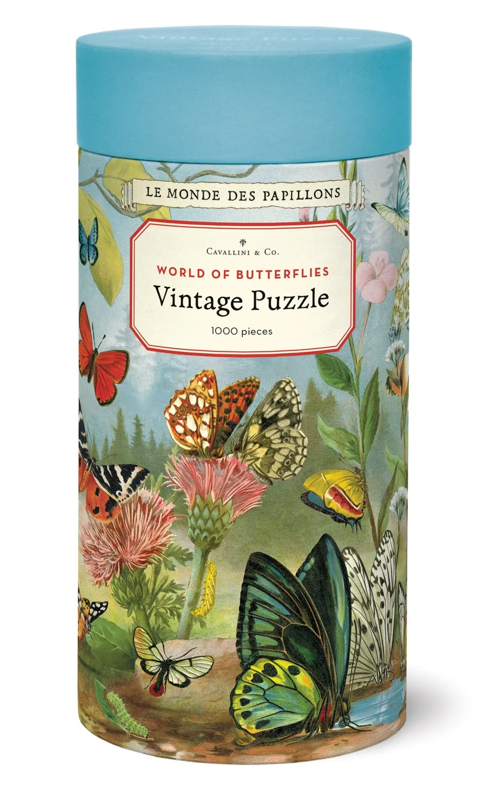 cylindrical puzzle box with butterfly design and blue lid