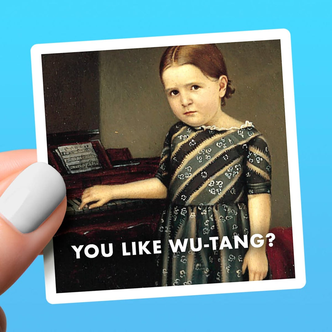 Vintage-style photo of a young girl playing an organ with text 'YOU LIKE WU-TANG?' on a blue background.