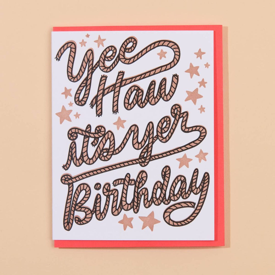 Birthday card with 'Yee Haw it's yer Birthday' text on a beige background