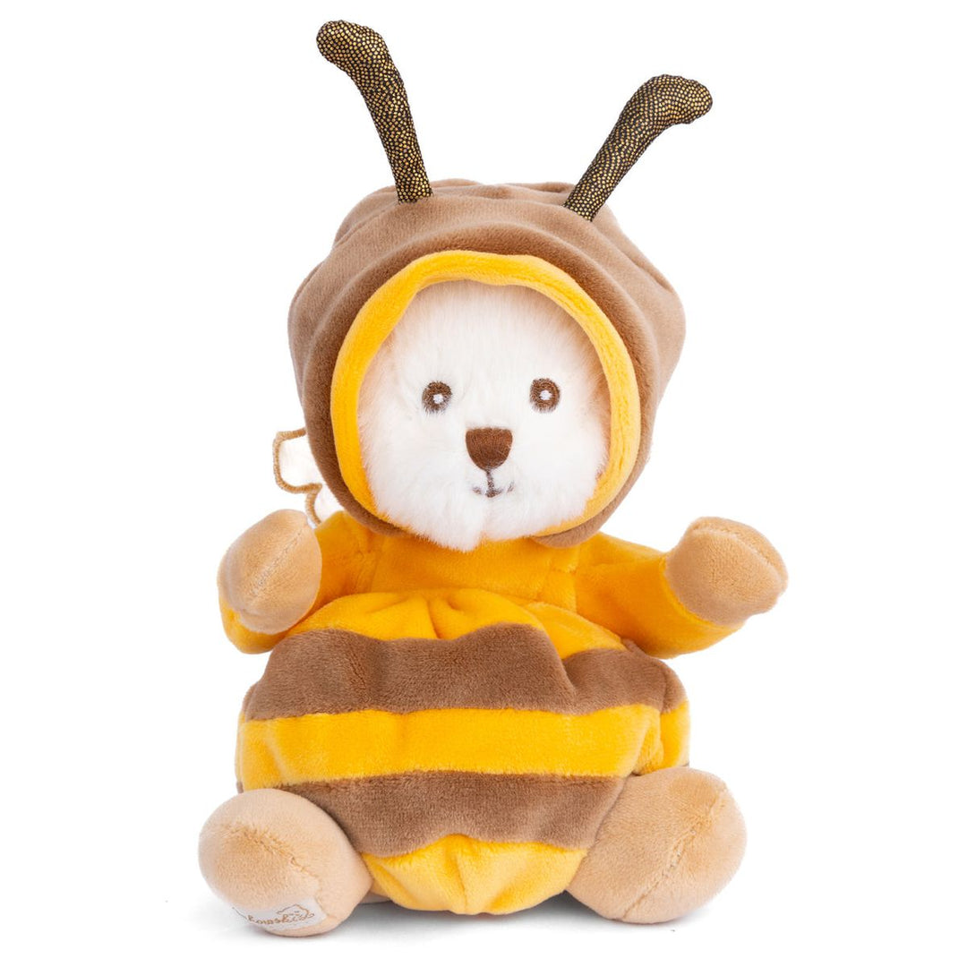 Plush toy dressed as a bee on a white background
