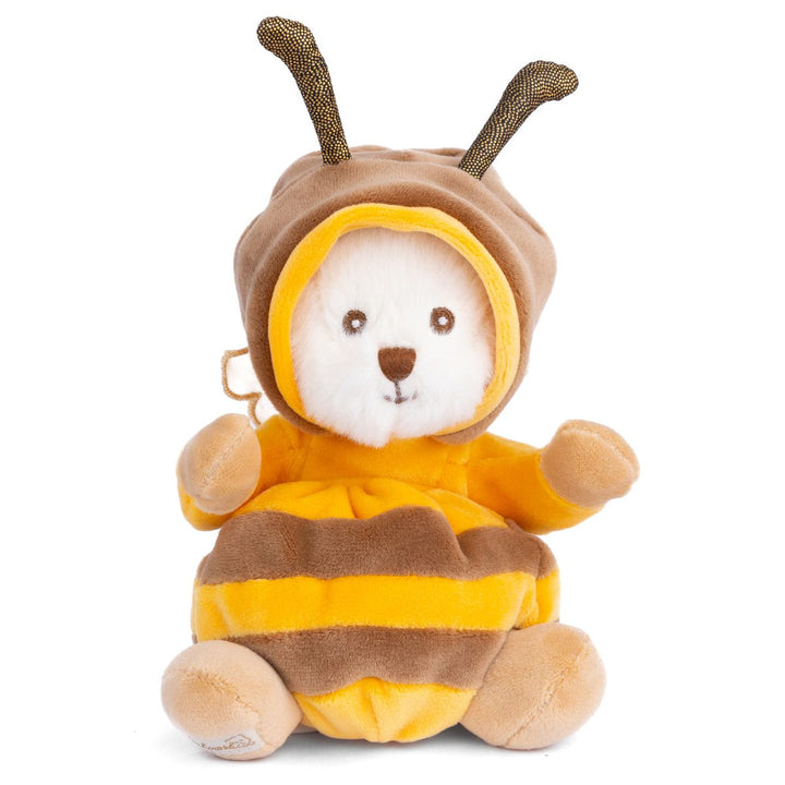 Plush toy dressed as a bee on a white background