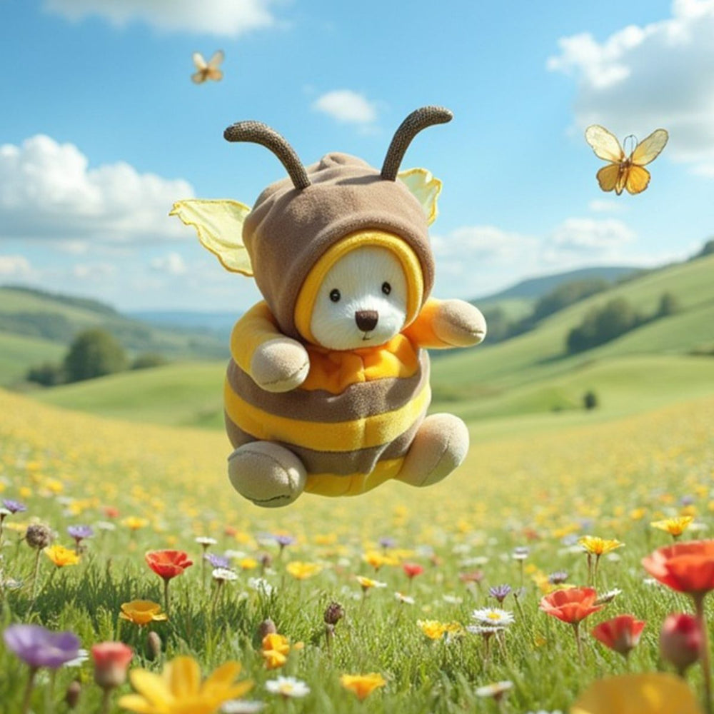 Plush toy bear in a bee costume flying over a field of flowers with mountains in the background
