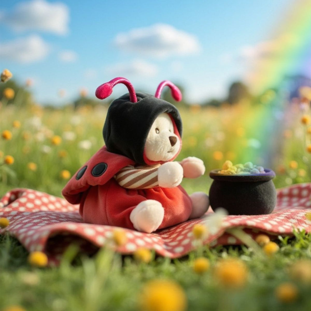 Stuffed ladybug toy with a pot of gold on a picnic blanket in a field with a rainbow in the background.