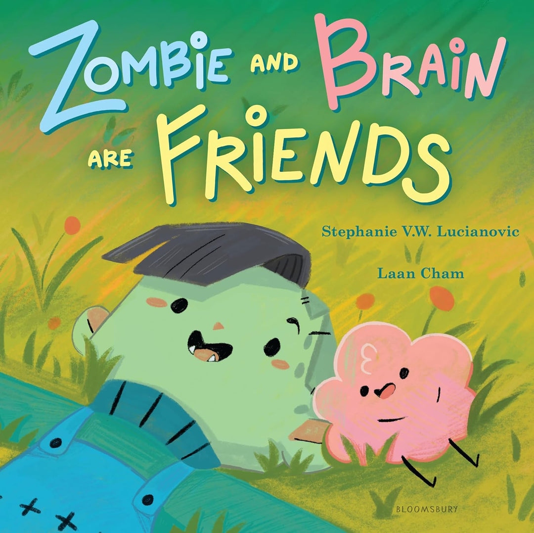 Book cover of 'Zombie and Brain are Friends' with cartoon characters on a green background
