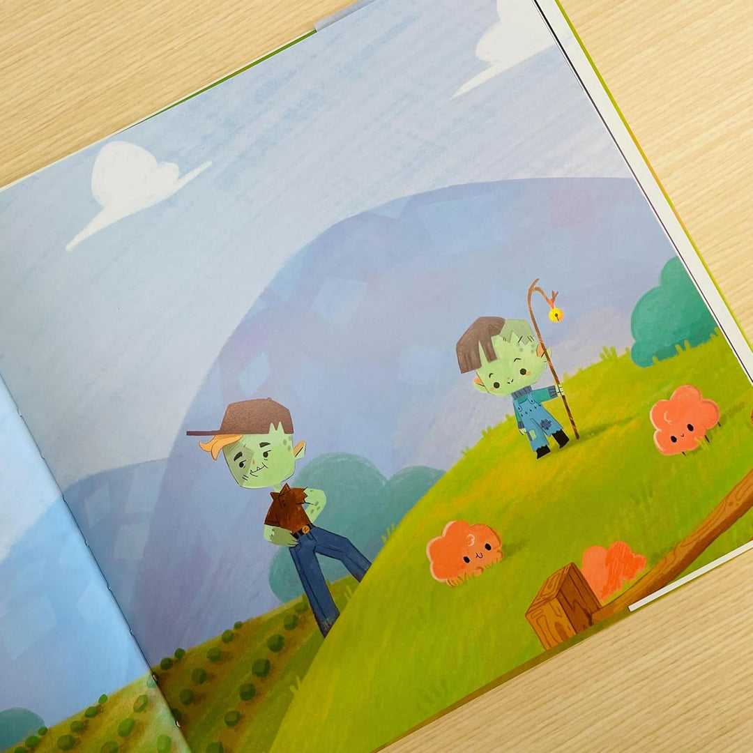 Illustration of two characters on a grassy hill with a wooden cabin and flowers.