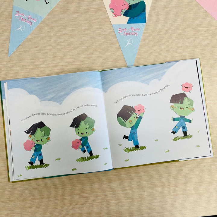 Open book with cartoon characters on a wooden surface