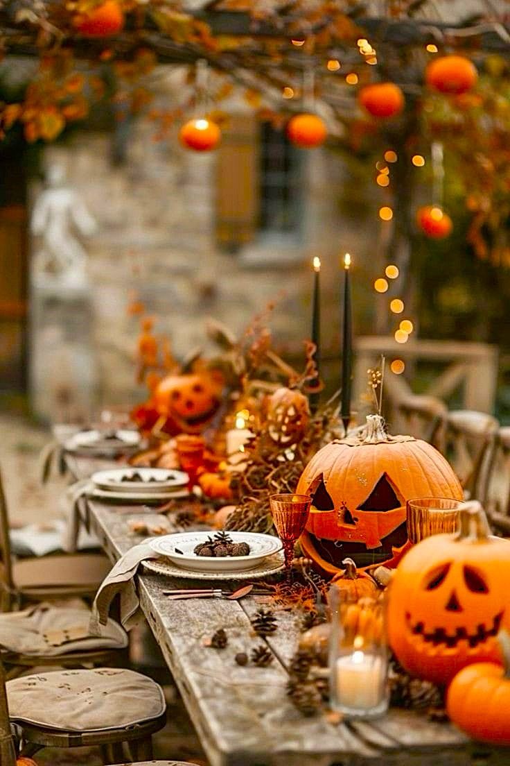 Halloween-themed table setting with jack-o'-lanterns, candles, and autumn decorations.